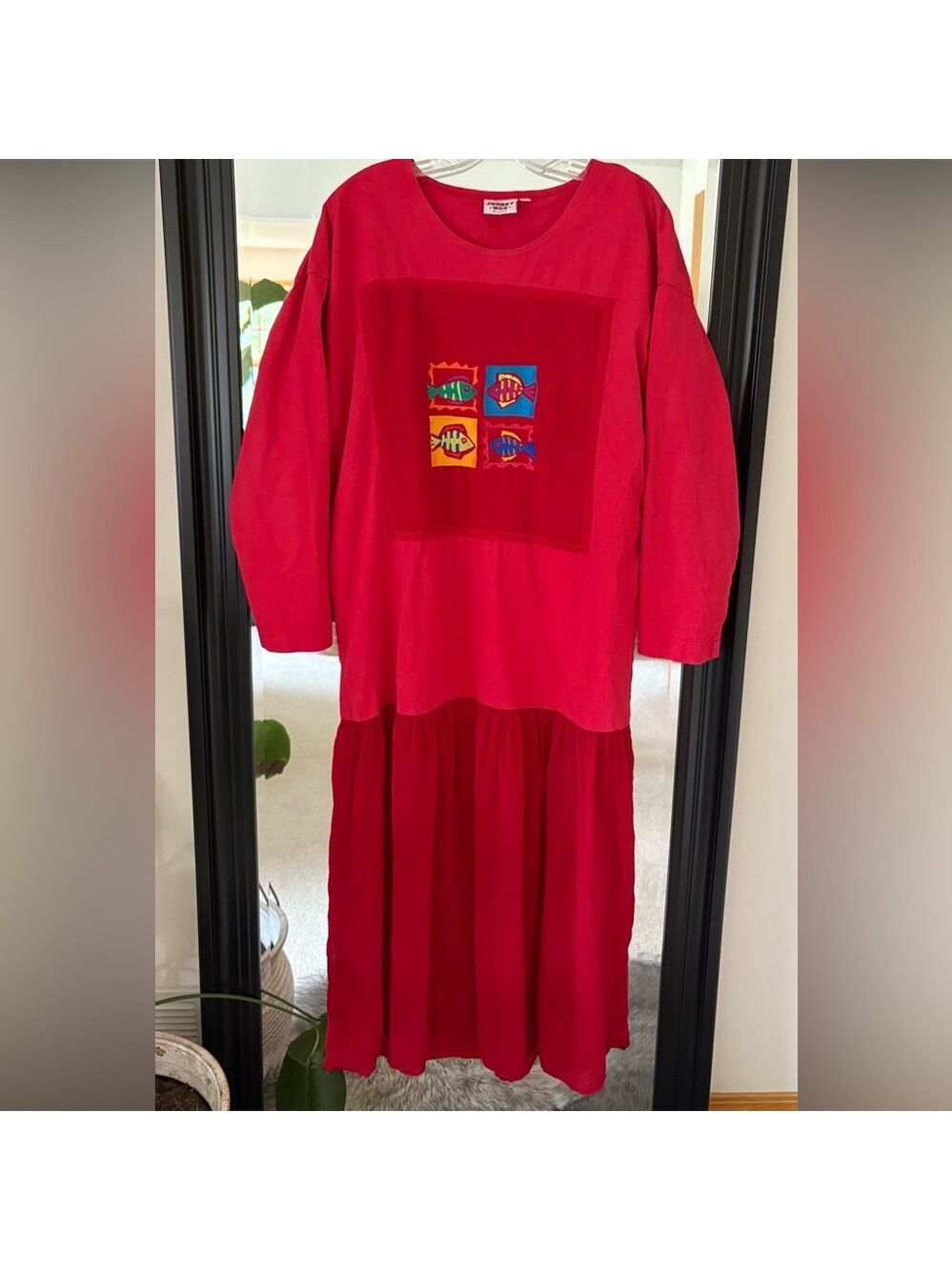 JOHNNY WAS Rare Vintage Y2K Red Long Sleeve Fish Dress